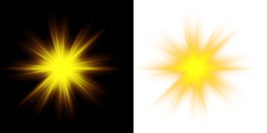 Işık etkisi. Parıldayan bir yıldız. Siyah şeffaf arkaplanda parlayan yıldız.