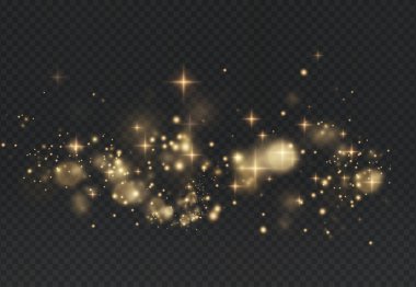 Sihirli bir vektörde altın yıldız tozu, ışıltı, parıltı ve konfeti. Şenlikli ve şeffaf bir arka plan için mükemmel. Parılda, parılda ve hafif efektlerle kutla.        