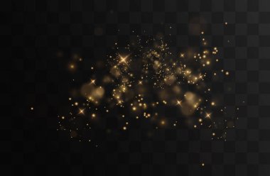 Sihirli bir vektörde altın yıldız tozu, ışıltı, parıltı ve konfeti. Şenlikli ve şeffaf bir arka plan için mükemmel. Parılda, parılda ve hafif efektlerle kutla.        