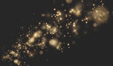 Sihirli bir vektörde altın yıldız tozu, ışıltı, parıltı ve konfeti. Şenlikli ve şeffaf bir arka plan için mükemmel. Parılda, parılda ve hafif efektlerle kutla.        
