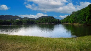 Pocuvadlo, Slovakya - 07 18 2023 Pocuvadlo Gölü yazın ele geçirildi. Arka planda Banska Stiavnica Dağları.