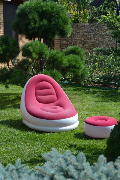 Inflatable Chair Footstool Burgundy White Color Garden Inflatable Street Furniture — Stock Photo, Image