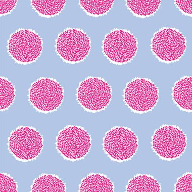 Mavi arkaplanda, mavi, pembe ve beyaz renkli, kusursuz desenli ponponlar. Pastel renkler, bebek partisi ya da doğum günü bebeğinin tekrar eden şablonu. Pon pon pon. El çizimi.