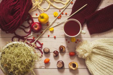 Bir fincan çay, yün, örgü iğnesi, kış şapkası, elmalar ve ahşap arka planda çiçek. Flatlay sonbahar foto, üst görünüm, üst görünüm. Kırmızı, menekşe, sarı, krem rengi.