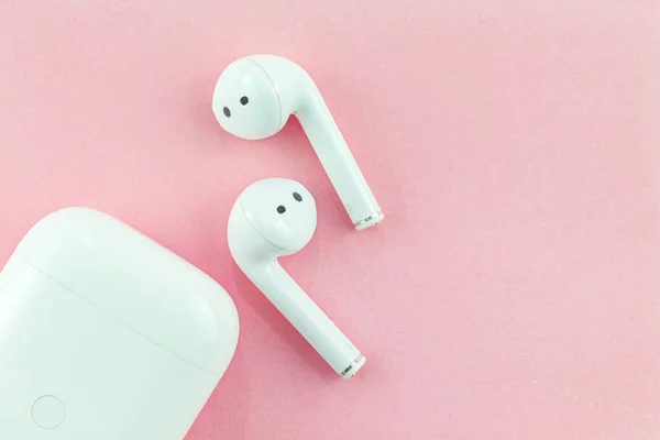 Wireless Headphones Bluetooth Headphones Pink Background Stock Photo