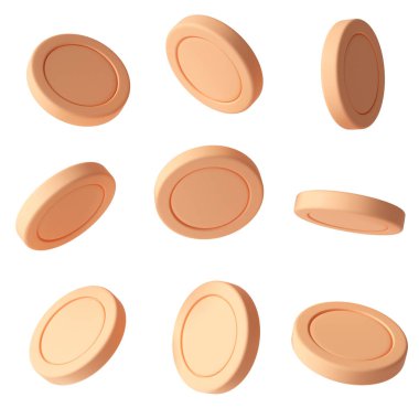 3D Set of rotation coins at different angles on white background. 3d render illustration.