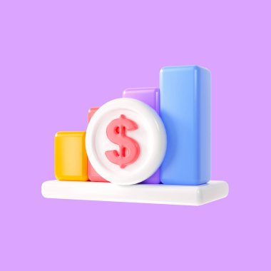 3D Coin with bar chart icon, profit-investment summary, business, and financial concept. 3d render illustration.
