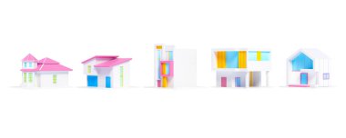 3d Types of modern houses on white background. home icon, office, condominium. 3d render illustration