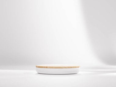 3D Abstract white room with realistic white-wood cylinder pedestal podium and window shadow overlay. Minimal scene for product display presentation. Stage for showcase. 3d render