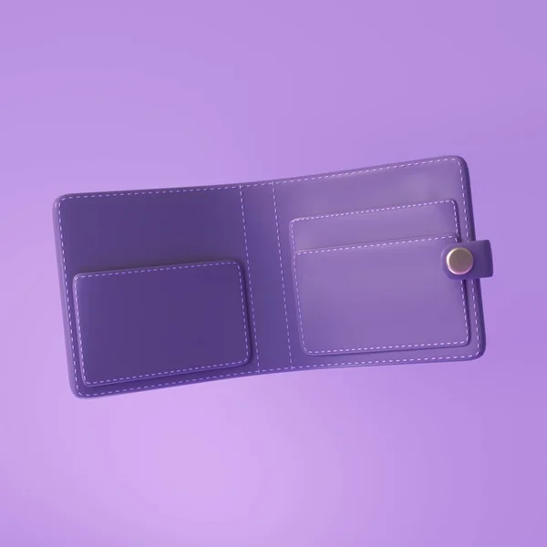 3d wallet icon symbol, cashless society and cashback concept, empty wallet on purple background. 3d render illustration