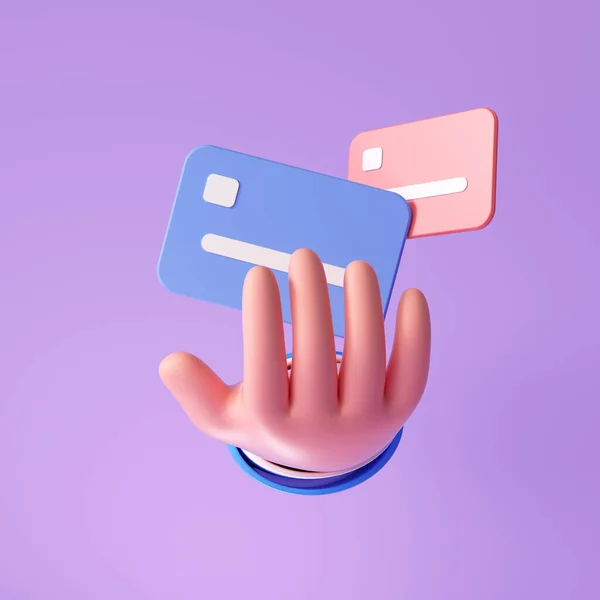 3d Credit card accept concept. Cartoon hand with credit card symbol icon. 3d render illustration
