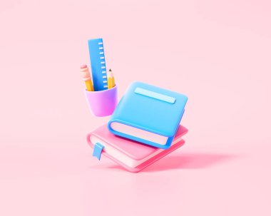 Kitap ve kalem ikonu, çevrimiçi öğrenme, okul eğitimi, öğrenme konusu ve e-öğrenme, eğitim kavramı. 3d resimleme