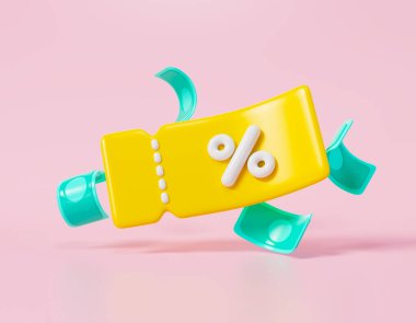 İkonun etrafında para olan 3D kupon. Nakit para kodu, online alışveriş kuponu indirimi ve tanıtım konsepti. 3d resimleme