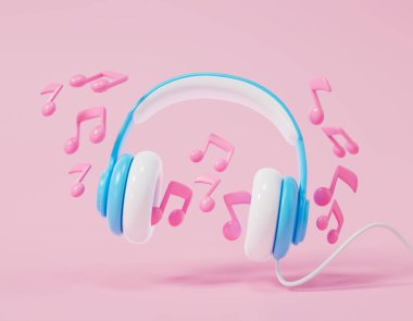 Pembe arka planda notaları olan üç boyutlu kulaklıklar. 3d resimleme.
