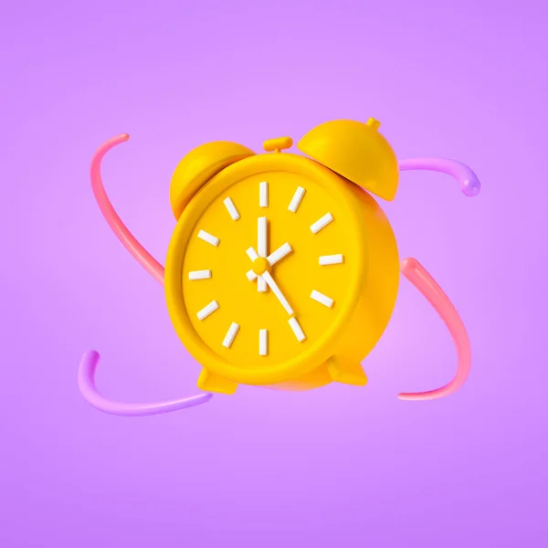 3D经典闹钟图标 3D黄色提示手表图标最小的时间设计概念 3D渲染说明 — 图库照片