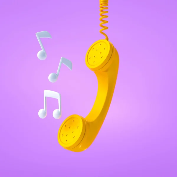 紫色の背景 コールセンター 着信音のコンセプトにサウンドノートを持つ電話受信機をぶら下げ 3Dレンダリングのイラストレシオ — ストック写真