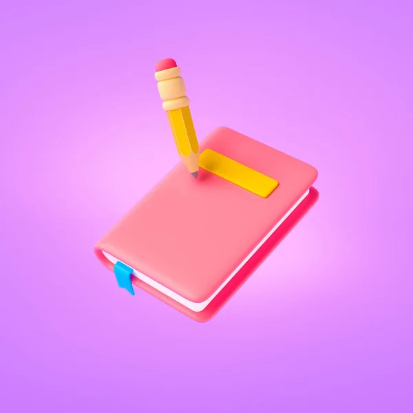 Book and pencil icon, online learning, school study, learning subject and e-learning, education concept. 3d render illustration