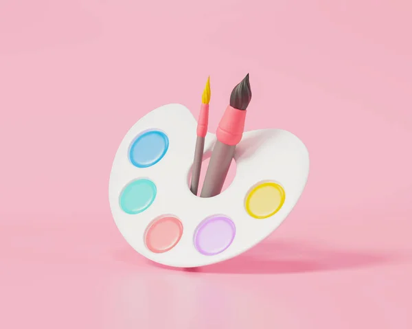 Paleta Colores Pincel Sobre Fondo Rosa Estudiante Icono Educación Ilustración —  Fotos de Stock