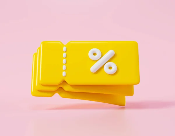 3D discount coupon, voucher gift, yellow lucky ticket with percent sign. Sale bonus points illustration. Discount vouchers with falling coins. 3d render illustration