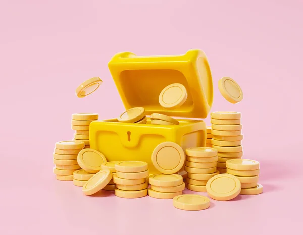 Schutz Schatzkästchen Konzept Offene Schatztruhe Mit Münzen Auf Rosa Hintergrund — Stockfoto