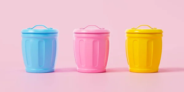 ピンクの背景に異なる色のゴミ箱 環境コンセプト コピースペースと漫画スタイルの古紙バスケット 3Dレンダリング図 — ストック写真