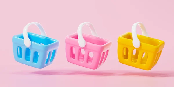3d Collection of empty shopping baskets. Online store. cute cartoon shopping cart on pink background. 3d render illustration