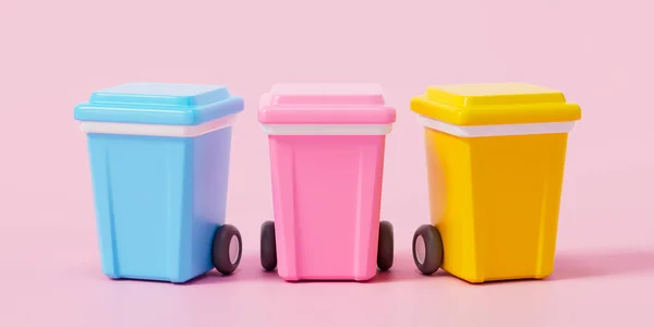 Different color trash cans on pink background, environment concept, cartoon style wastepaper garbage basket with copy space. 3D render illustration