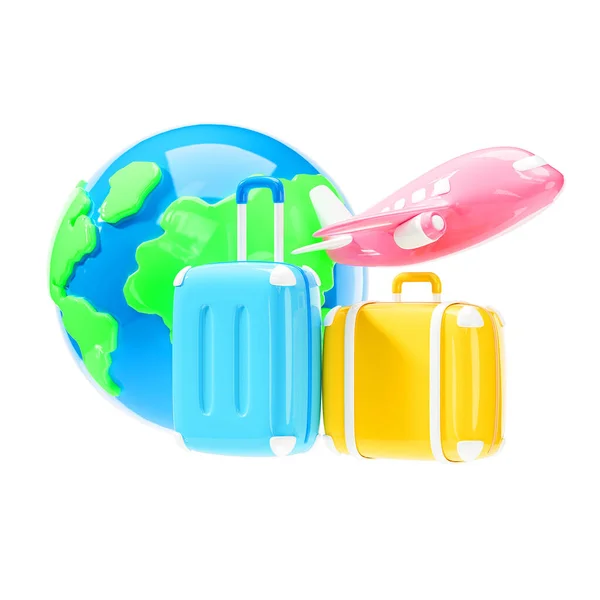 白い背景に地球と飛行機の旅のスーツケース 3Dレンダリング図 — ストック写真