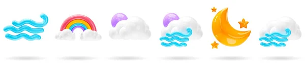 Stock image Set of 3D Weather icons. windy, rainbow, night moon and cloudy icons on isolated white background. forecast sign design for application and web. 3d render illustration.