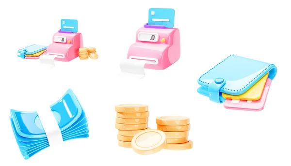Set Von Icon Zahlungsterminals Mit Kreditkarte Geldbörse Münzen Und Bargeld — Stockfoto