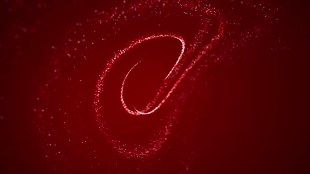 赤いバックグラウンドの光沢のある線が収束し 螺旋状になり 粒子に溶解する アニメーションされた魔法の砂は 赤と青の勾配で新年のスクリーンセーバーを形成し 微妙に輝いています クリスマスディスプレイで魔法を体験 — ストック動画