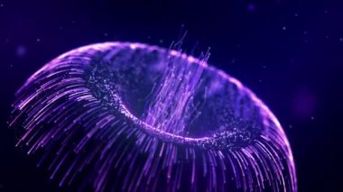 Teknolojinin sualtı dünyası, neon denizanası, animasyon parçacıkları, geçit. Canlı nanoteknoloji yüzüyor. Gelecek suyun altında. Ultraviyole, uzayda parlar.