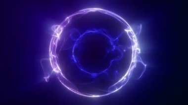 Mavi neon küre siyaha enerji yayar. Atom bölümü, mor-mavi-beyaz ışık; pürüzsüz ışınlar dairesi. Fen bilgisi, fosfor elementi. Nano top, 4K, 60fps, 20 saniye.