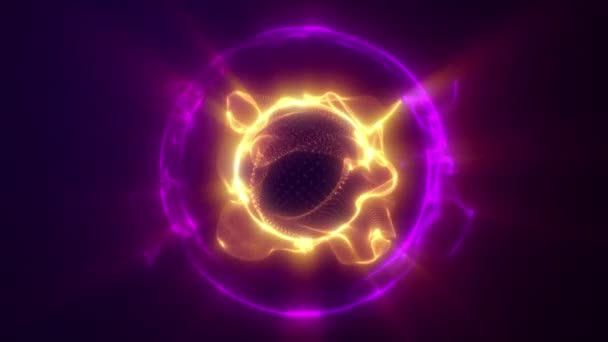 ブラックバックで燃える球体 ガスクロット エネルギーボール 紫外線 黄色のホットコア ピンク 紫色の惑星サークル 明るい有毒光を放出する ナノボールフロントビュー 60Fps — ストック動画
