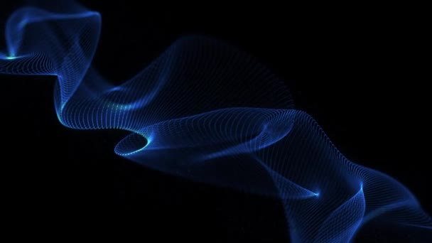 全息图 浅蓝色霓虹灯弯曲波 运动的声音震动 在黑暗的背景上 从能量线上抽象出蓝色发光的飞行波 60Fps — 图库视频影像