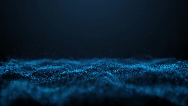 摘要网络动画 在以科技为主题的背景下 蓝色的霓虹灯波创造了迷人的图案 混乱的运动在黑暗的背景下展开 就像波浪一样 体验一个动态的3D海和地平线在惊人的4K Fps — 图库视频影像