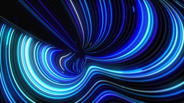 動物がトンネルを通って移動する ブルータイムのワームホールでのサイバー仮想化 ナノトンネルの3Dイラスト 光とタイムトラベルのスピード 明るいネオン ストライプはハイテク構造の曲線で光ります — ストック動画