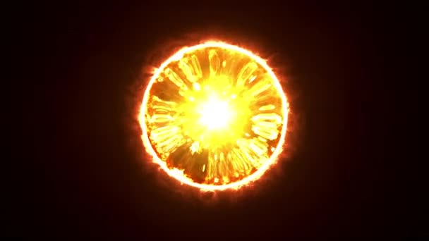 Czerwona Kula Czarnym Tle Wybuch Słońca Krąg Ognia Żółty Płomień — Wideo stockowe