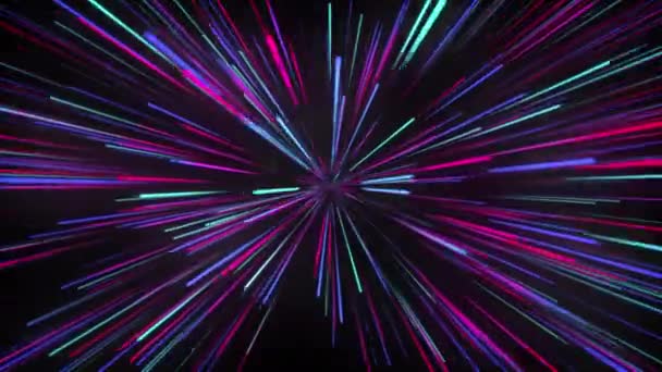合成ラインを輝かせる多彩な虹のスプラッシュ 抽象的なデータフロートンネル放射線線爆発星 3D未来的な背景 ハイパースペースズーム ネオンハイパースペースのオーバーレイ効果背景ループ タイムループ — ストック動画