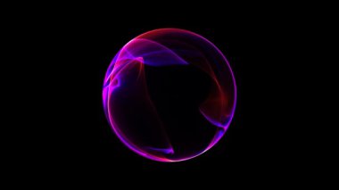 Siyah bir arkaplanda neon mor renkte, dalgalı eğimli şekil ve çizgilerden oluşan basit, temiz ve soyut bir yabancı kürenin üç boyutlu canlandırması. Modern neon lazer topu. Pembe 'den esinlenilmiş arkaplan
