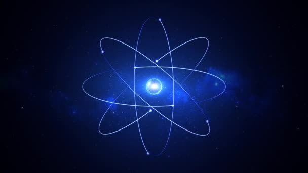 Yıldızlı Gökyüzünde Mavi Bir Neon Atomu Modelinin Animasyonu Parlayan Parçacıklar — Stok video