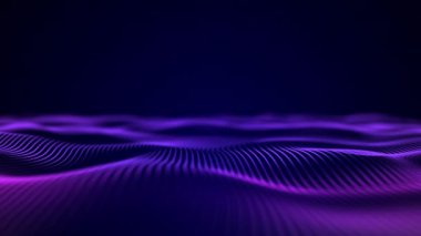 Soyut dalga salınımı. Soyut parlayan dijital siber dalga parçacıkların mor arkaplanı hareket ettirmesine neden oldu. Koyu mor üzerine ışık yansıtmalı mor dijital dalgalar. Ultra HD, 4K, video döngüsü.
