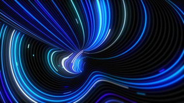 Animasyon çizgileri tünelden geçiyor. Mavi zaman solucan deliğinde sanal gerçeklik. Bir tünelin 3 boyutlu çizimi. Işık ve zaman yolculuğunun hızı. Parlak neon çizgiler yapıların eğrisinde parlar