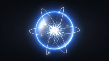 Animation of a 3d model of a blue neon atom on a black background. Molecules of luminous particles rotate around a light ball of a sphere. Physics chemistry abstract dark background. Blue neon sphere. 8k wallpaper 4k screensaver. clipart