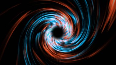 A dark background on which spiral rotations of colored particles form a tunnel. Red and blue particles spin to form a portal.	