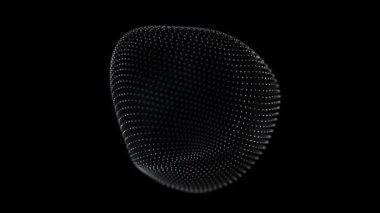 Beyaz noktalı siyah ve beyaz bir küre, siyah arka planda kaotik bir şekilde hareket eder. Havada salınan parçacıklardan oluşan plastik yumuşak yuvarlak şekil. Benzer video 4k, 60 fps.