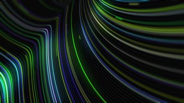 Yeşil-sarı, beyaz lazer, gökkuşağı, mavi çok renkli kablolar, açık yeşil iplikler. Soyut renkli doğrusal arkaplan. Nanofiber iletişim. Çizgiler spiral şeklinde uçar. HD döngüsü tıpatıp aynı. 4k, 60 fps.