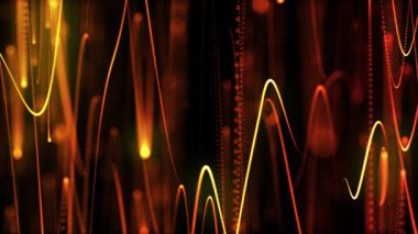 Kırmızı ve sarı arkaplandaki floresan iplikler ve kablolar boyunca neon ışığın pürüzsüz hareketi. Dijital iletişim ağlarının turuncu parıldayan dokunaçları. Kozmik biyoorganizma pahalı altın rengi.