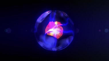  Tıpatıp aynı, benzer. Kırmızı sıcak çekirdekli mavi renkli soyut sıvı cam küre. Neon mavisi ve floresan mor tonlarda pembe merkezli dalgalı yumuşak eğimli bir top.