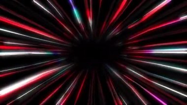 Siyah arka planda çok renkli bir tünelin soyut döngüsü. Fütürist parlak neon gökkuşağı tüpü. Kırık ayna parçaları. Teknolojik renk arkaplanı. Geleceğe doğru yüksek hızlı hareket.